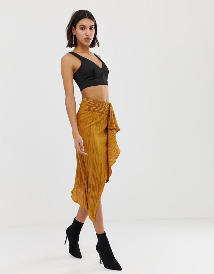 Asos Design Plisse Midi Skirt With Tie Front-yellow