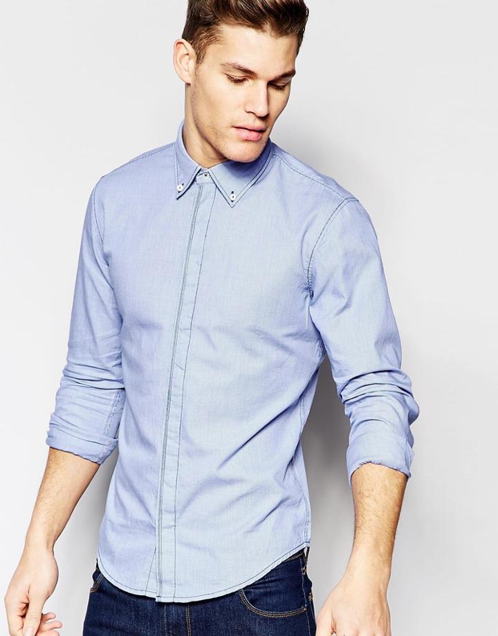 Boss Orange Shirt With Micro Check Slim Fit - Navy