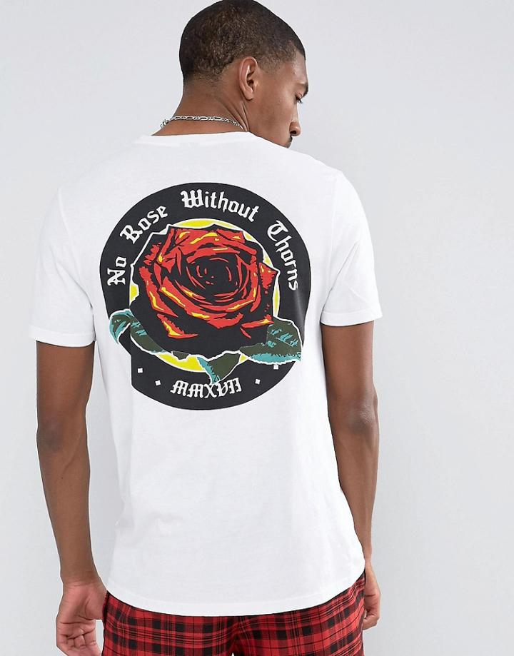 Asos Longline T-shirt With Rose Back And Chest Print In White - White