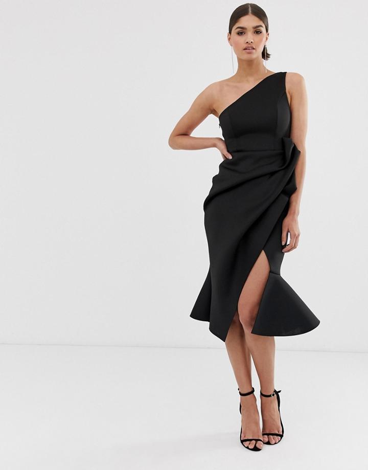 Asos Design One Shoulder Tuck Detail Midi Dress-black
