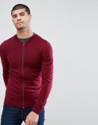 Asos Knitted Muscle Fit Bomber Jacket In Burgundy - Red