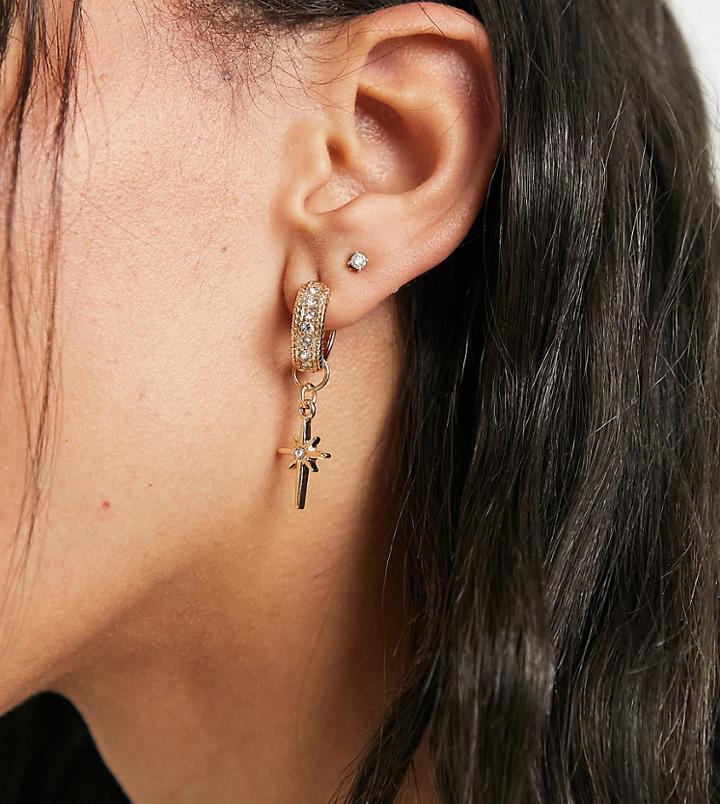 Reclaimed Vintage Inspired Huggie Hoops With Drop Star Pendant In Gold