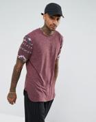 Asos Longline T-shirt With Geo-tribal Print Sleeves - Red
