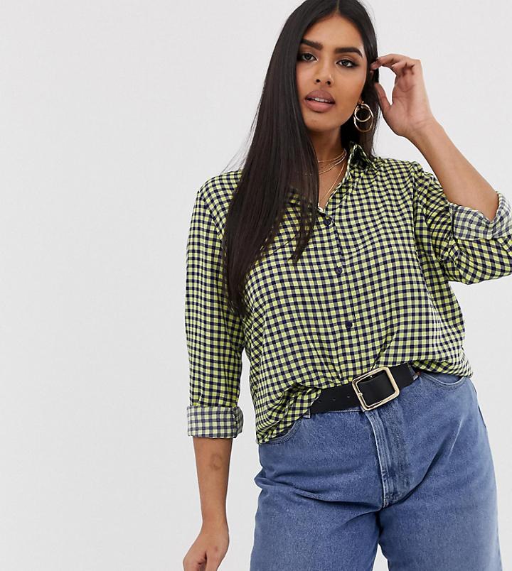 Glamorous Curve Oversized Boyfriend Shirt In Gingham-navy