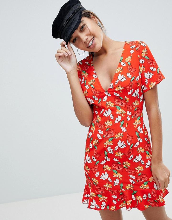 Missguided Floral Ruffle Hem Tea Dress - Red