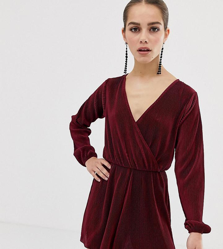Asos Design Petite Plisse Wrap Romper - Red