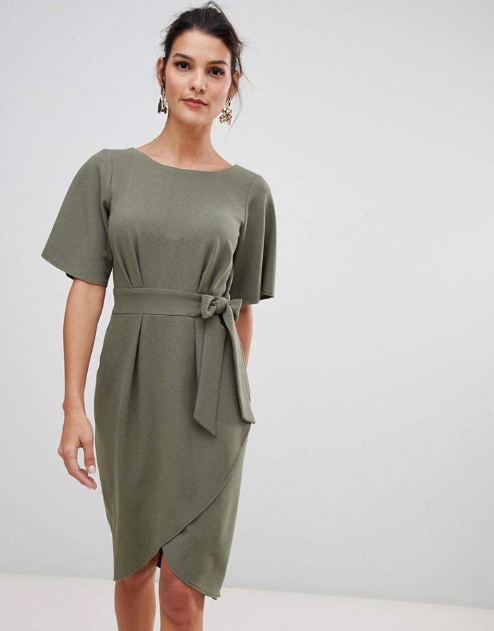 Closet London Tie Front Dress With Kimono Sleeve In Khaki - Green