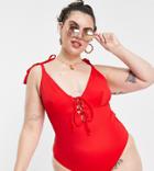 Asos Design Curve Lace Up Tie Shoulder Swimsuit In Red