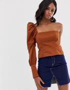 Asos Design One Shoulder Structured Top In Cotton - Brown