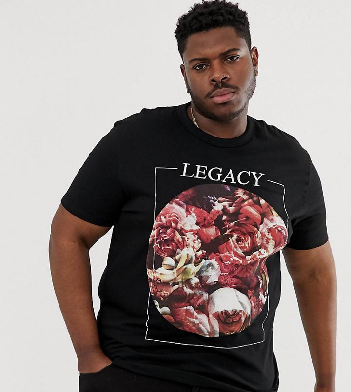 Asos Design Plus T-shirt With Floral Print And Embroidery Slogan - Black