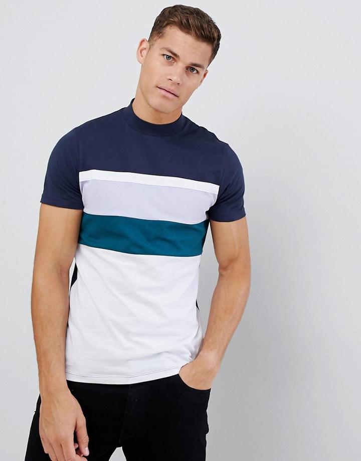 Asos Design T-shirt With Color Block And Turtleneck - Navy