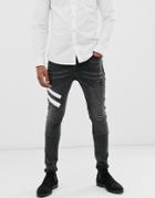 Asos Design Super Skinny Biker Jeans In Washed Black With White Print Detail - Black