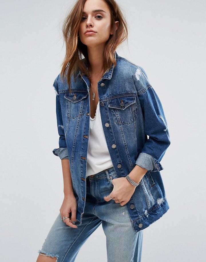 Noisy May Angie Longline Denim Jacket - Blue