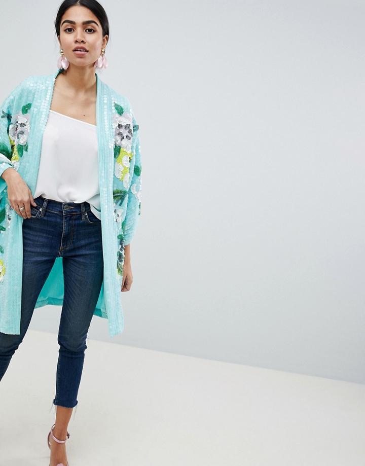 Asos Design Embellished Floral Kimono Jacket - Multi