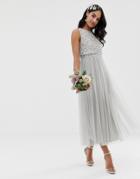 Maya Bridesmaid Sleeveless Midaxi Tulle Dress With Tonal Delicate Sequin Overlay In Soft Gray - Gray