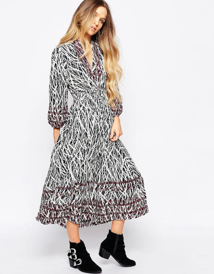 Hazel V Neck Printed Midi Dress - Navy