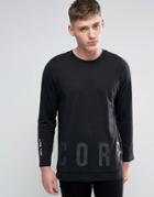 Jack & Jones Core Longline Long Sleeve Top With Drop Print Hem And Back Print - Black
