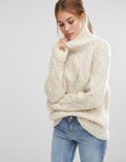 People Tree Cable Hand Knit Unbleached Wool High Neck Oversized Sweater - Cream