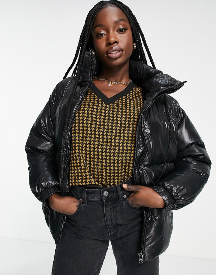 Monki High Shine Nylon Padded Jacket In Black