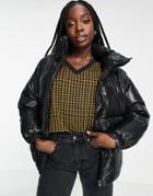 Monki High Shine Nylon Padded Jacket In Black