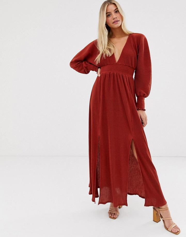 Asos Design Maxi Plisse Dress With Shirred Waist And Splits - Orange