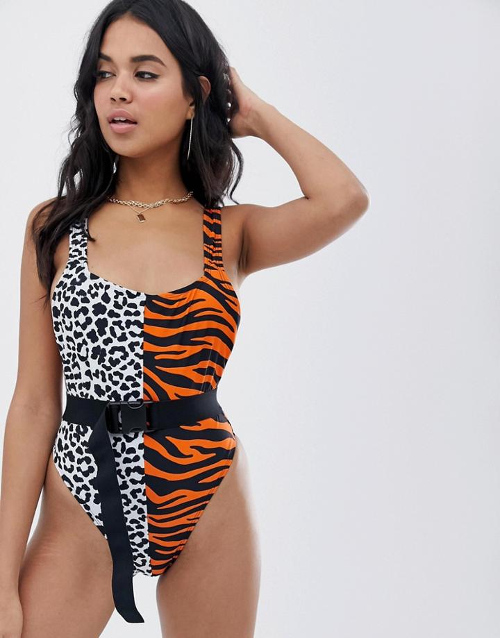 Jaded London Belted Swimsuit In Animal Clash - Multi
