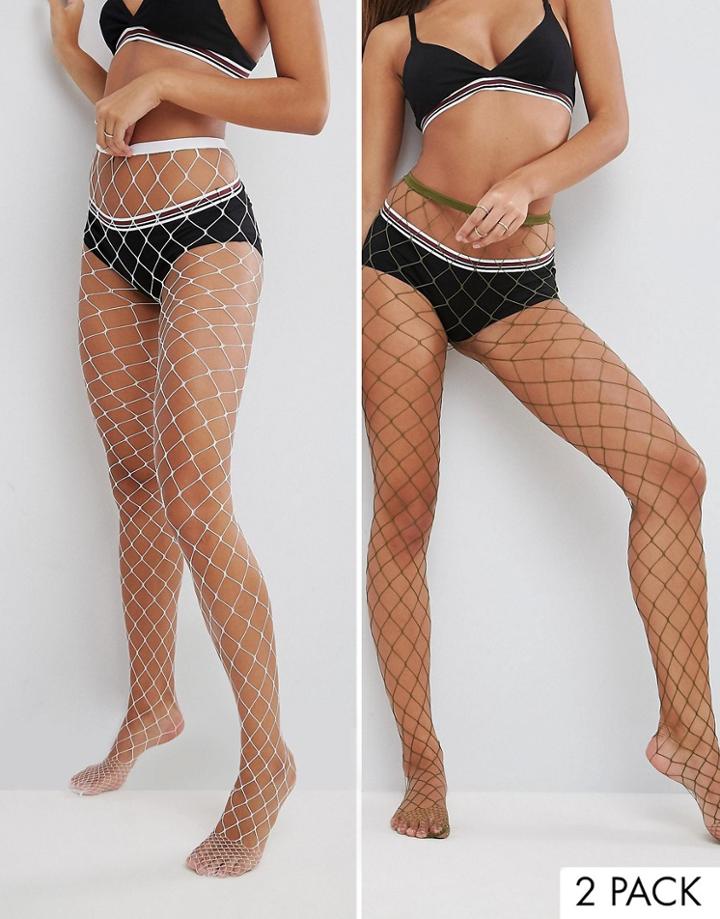 Asos 2 Pack Oversized Fishnet Tights In White And Khaki - Multi