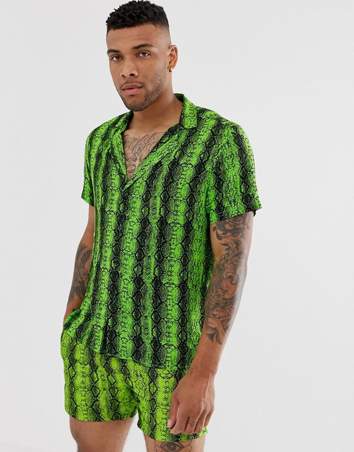 Asos Design Festival Regular Fit Shirt In Neon Snake Print - Green