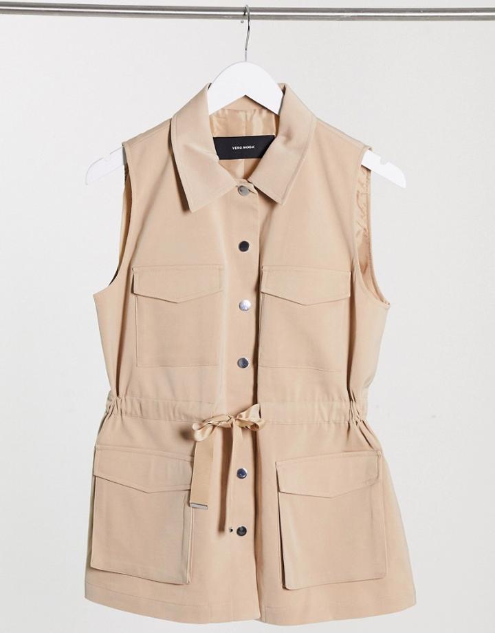 Vero Moda Tie Waist Utility Vest In Tan-brown