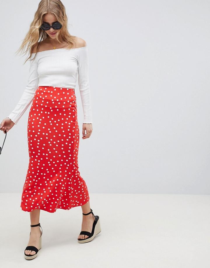 Asos Design Midaxi Skirt With Kickflare In Polka Dot - Red