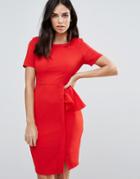 Zibi London Short Sleeve Pencil Dress With Side Ruffle - Red