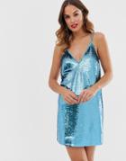 Asos Design All Over Sequin Mini Cami Dress-blue