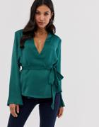 Vila Satin Wrap Suit Blazer-green