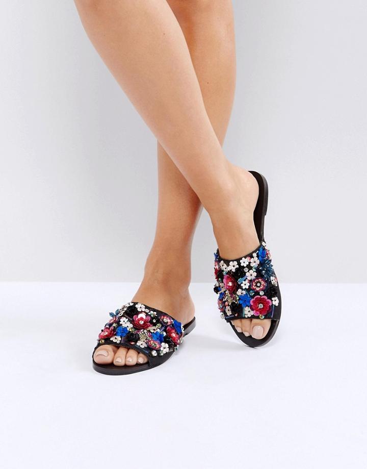 New Look 3d Floral Embellished Flat Sandal - Black