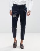 Asos Slim Crop Tuxedo Pants In Navy Satin With Embroidery - Navy