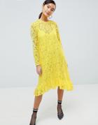 Asos Design Lace Midi Swing Dress With Ruffle Hem - Yellow