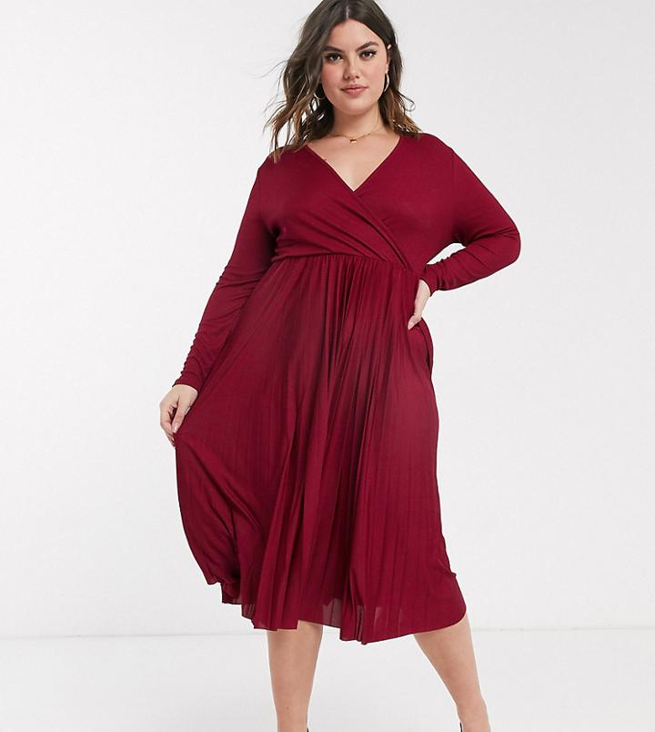 River Island Plus Pleated Wrap Midi Dress In Burgundy-red