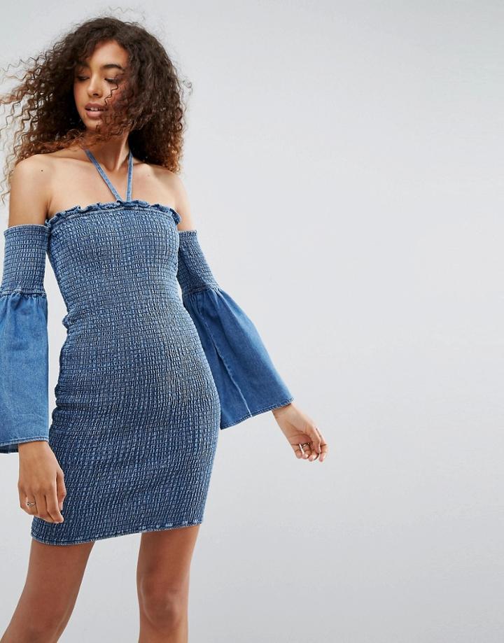 Asos Denim Shirred Dress With Fluted Sleeve - Blue