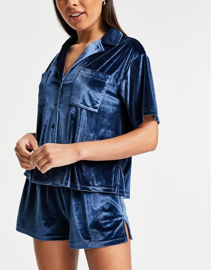 Asos Design Lounge Shiny Velour Shirt & Short Set In Navy