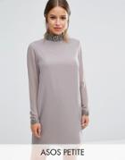 Asos Petite Embellished Neck Trim Shift Dress With High Neck - Gray