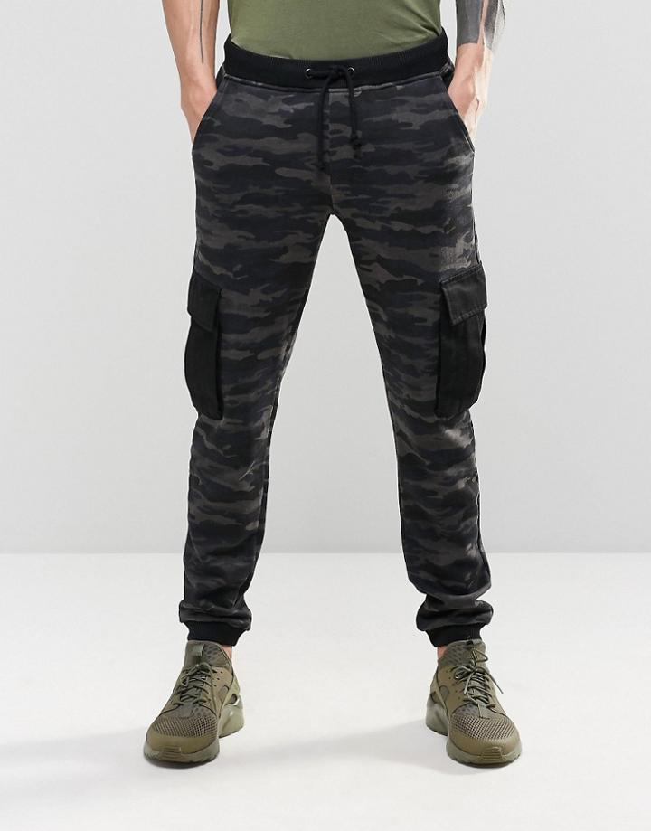 Asos Slim Joggers In Camo With Cargo Styling - Blue