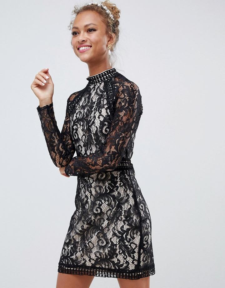 Parisian Long Sleeve Lace Dress - Black