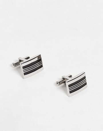 Asos Design Wedding Stainless Steel Cufflinks With Line Detail And Black Enamel In Silver Tone