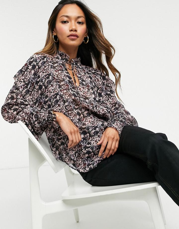 & Other Stories High Neck Ruffle Blouse In Pink Floral-purple