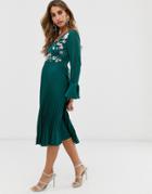 Asos Design Embroidered Pleated Midi Dress With Lace Inserts - Green