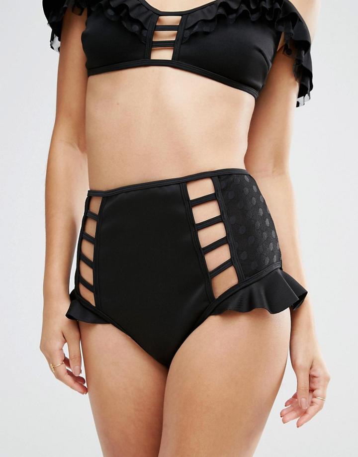 Asos Neoprene Frill Dot Mesh High Waist Bikini Bottom - Black