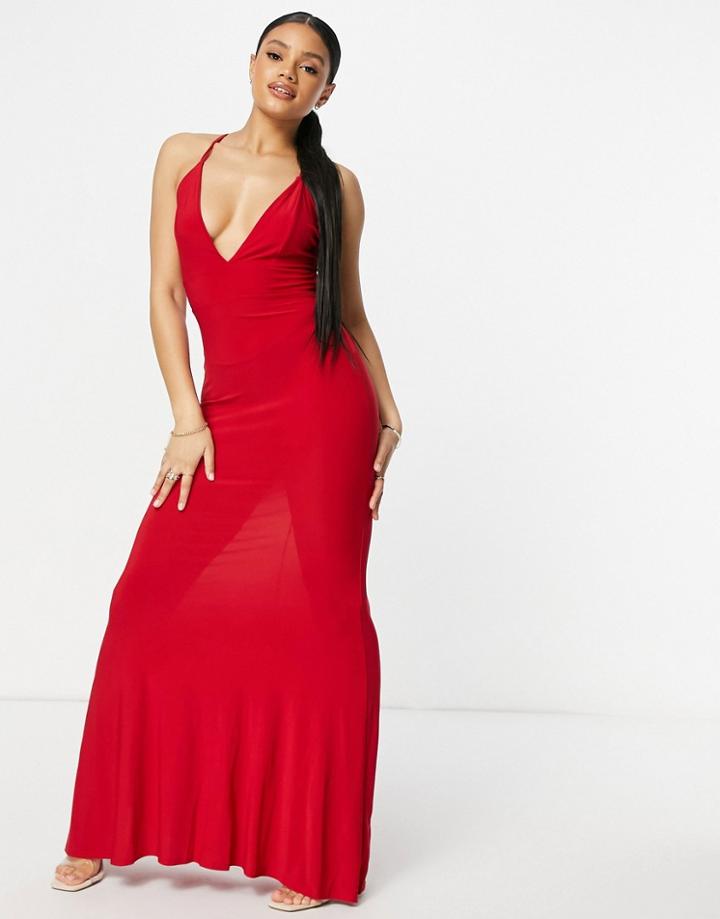 Club L London Plunge Cross Back Fishtail Maxi Dress In Red