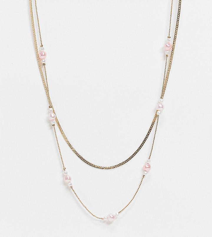 Reclaimed Vintage Inspired Pink Pearl Chain Multirow Necklace In Gold-silver