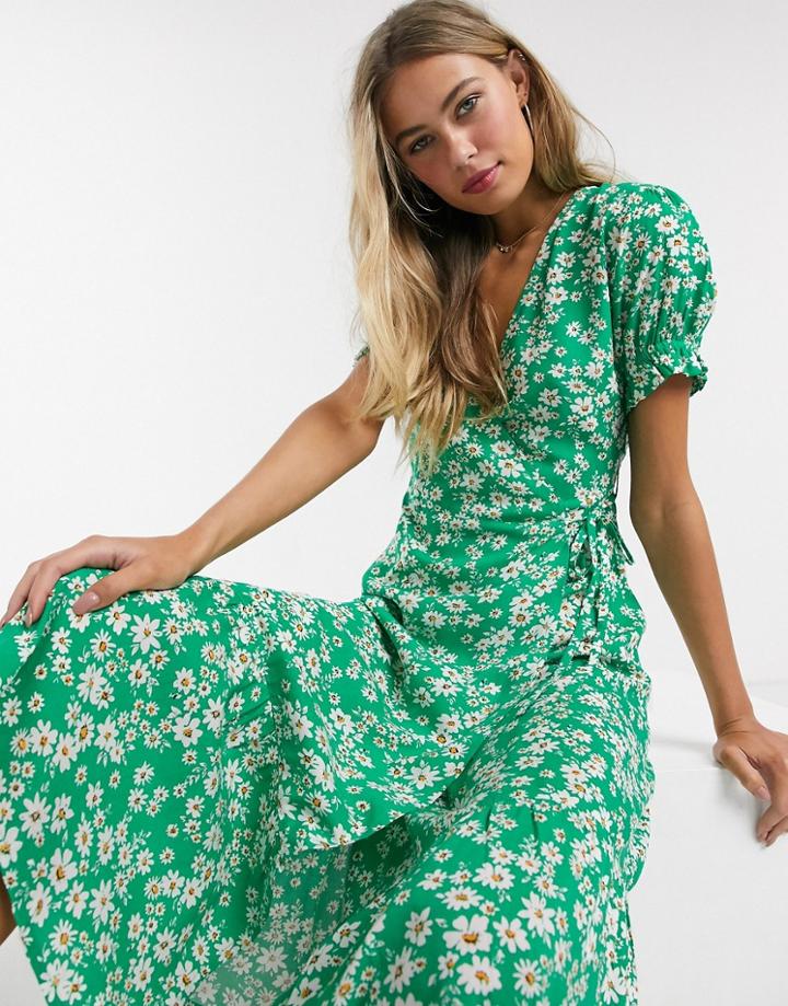 Influence Wrap Midi Dress In Green Daisy Print