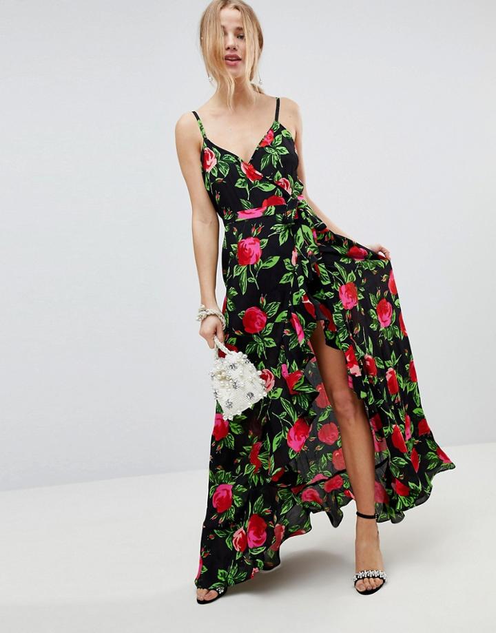 Asos Ruffle Front Wrap Maxi Cami Dress In Bold Floral - Multi